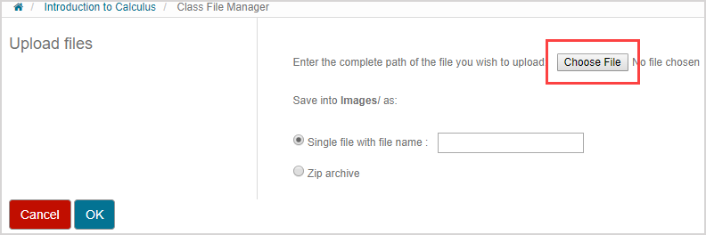 The Upload files pane opens in the Class File Manager. The Choose File button is highlighted.